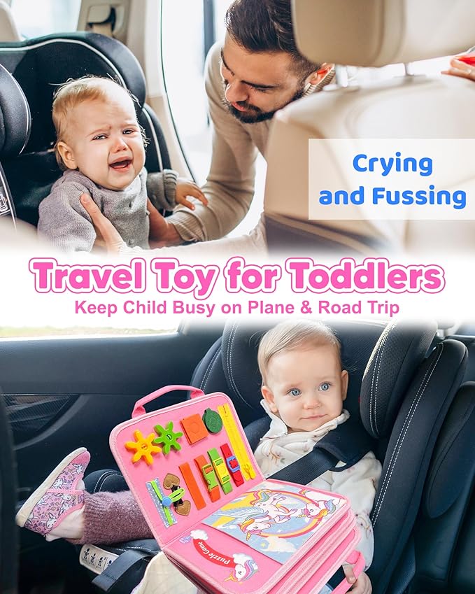 Walenty Busy Board Montessori Toys for Toddler Girl Birthday Gifts, Busy Book Sensory Learning Toys for Toddlers, Educational Activities Airplane Car Travel Toy for Girls