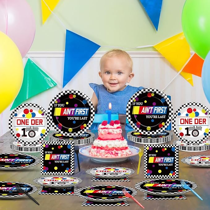 96 Pcs Race Car 1st Birthday Party Plates and Napkins Racing Cars First Birthday Decor Race Car One Year Old Dessert Cake Plates Racing Cars Theme Tableware Set for Kids Boy Party Decor 24 Guests