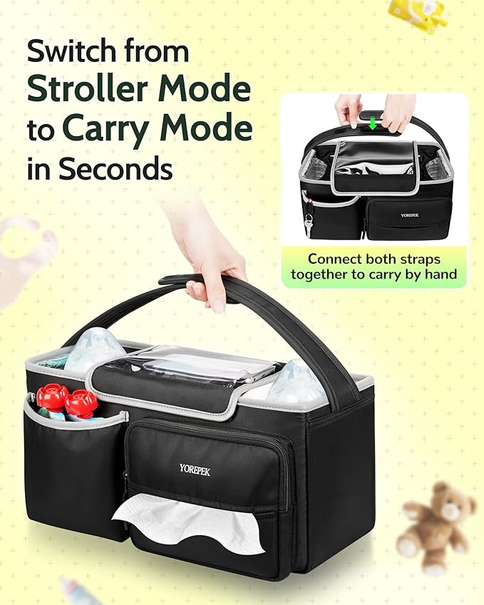 YOREPEK Spacious Stroller Caddy Fits for UPPAbaby Vista/Minu/Cruz, Adjustable Stroller Organizer with 2 Insulated Cup Holders, Easy-clean Stroller Bag for Travel, Walks, Accessories, Baby Essentials