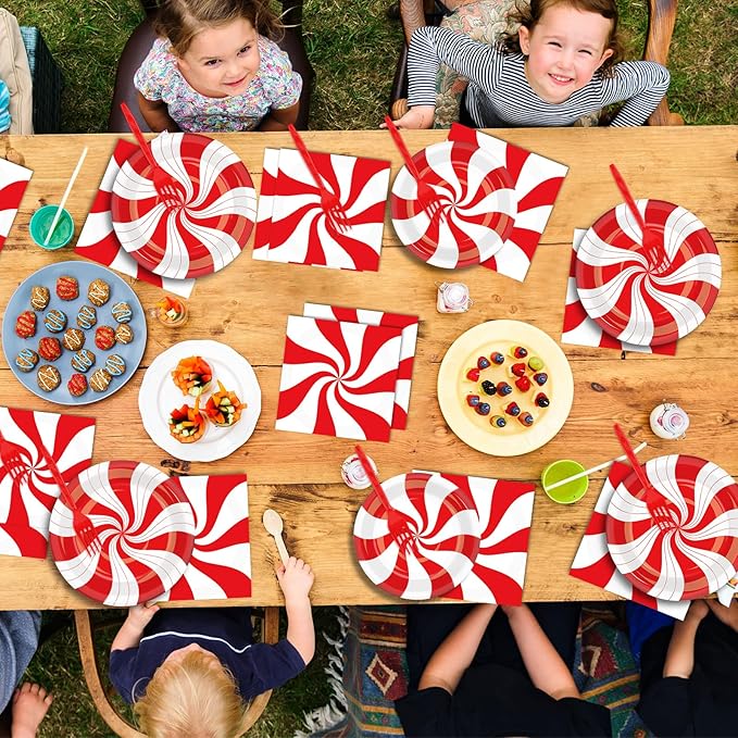 100Pcs Christmas Peppermint Paper Plates and Napkins Party Supplies Candy Cane Party Tableware Set Red and White Striped Christmas Winter Party Decor Favors for Holiday Xmas Theme Party Serves 25
