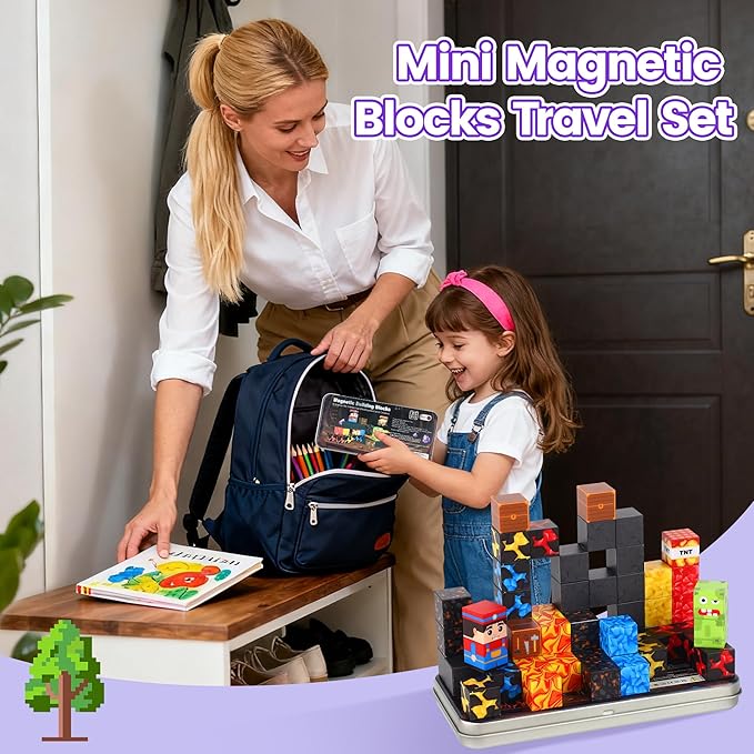 SYSKENI 35PCS Magnetic Blocks Travel Set, Mini Magnetic Blocks Travel Toys for Kids Ages 3-5 4-8, Portable Magnet Cubes STEM Learning Toys with Portable Iron Storage Box Christmas Birthday Gifts
