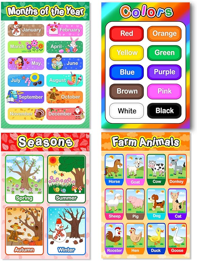 Blulu 8 Educational Preschool Poster for Toddler and Kid Learning with 60 Glue Point Dot for Nursery Preschool Homeschool Kindergarten Classroom Teach Number Alphabet Color Month and More 16 x 11 Inch