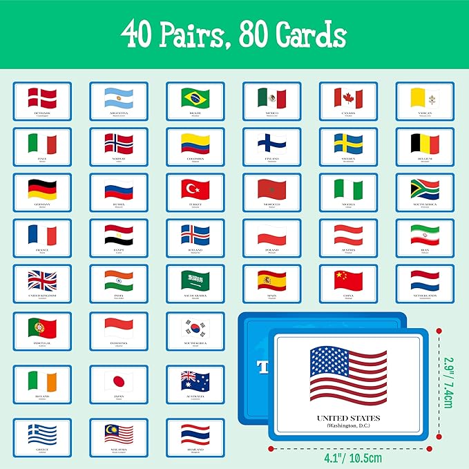 80 PCS Flags of The World Matching Game, A Fun & Fast Countries of The World Picture Memory Match Game, Educational Learning Toys Enhance Memory & Matching Skills for Kids Ages 3 and Up