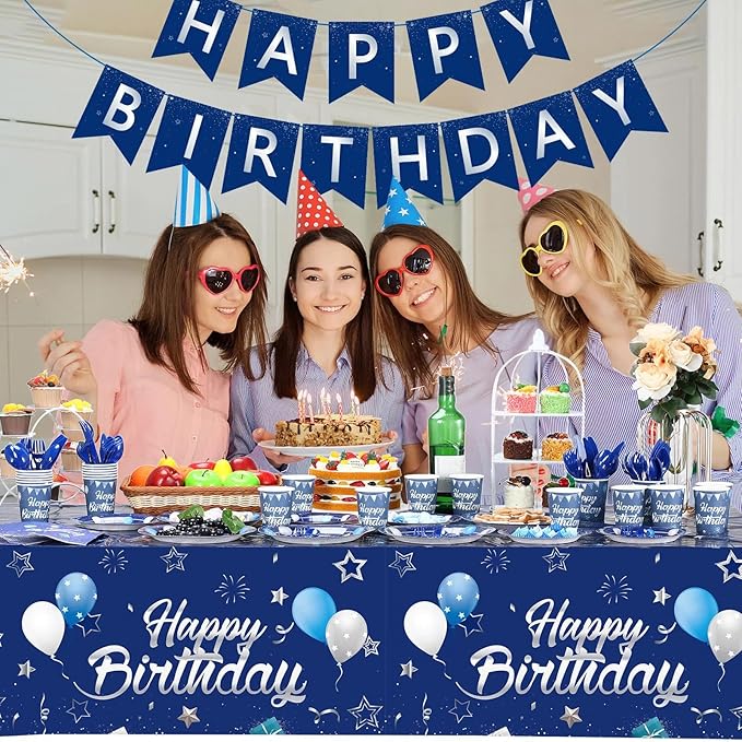 Pajean Blue Happy Birthday Party Tableware Set Birthday Decoration Banner and Tablecloths Decoration Plates Cups Napkins Dinnerware for 24 Guests Party Supplies(Blue and Silver)