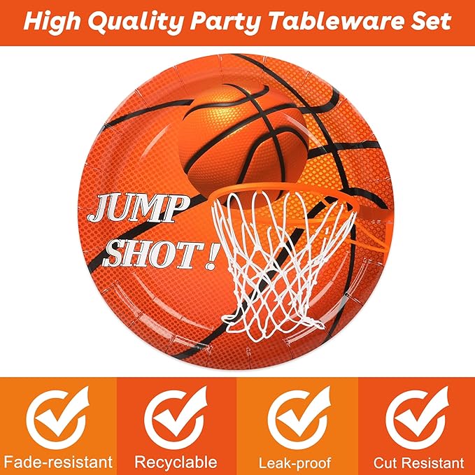 50PCS Basketball Plates and Napkins Party Supplies - 9 Inch Basketball Paper Plates 6.5 Inch Paper Napkins Basketball Birthday Party Decorations for Kids Serves 25