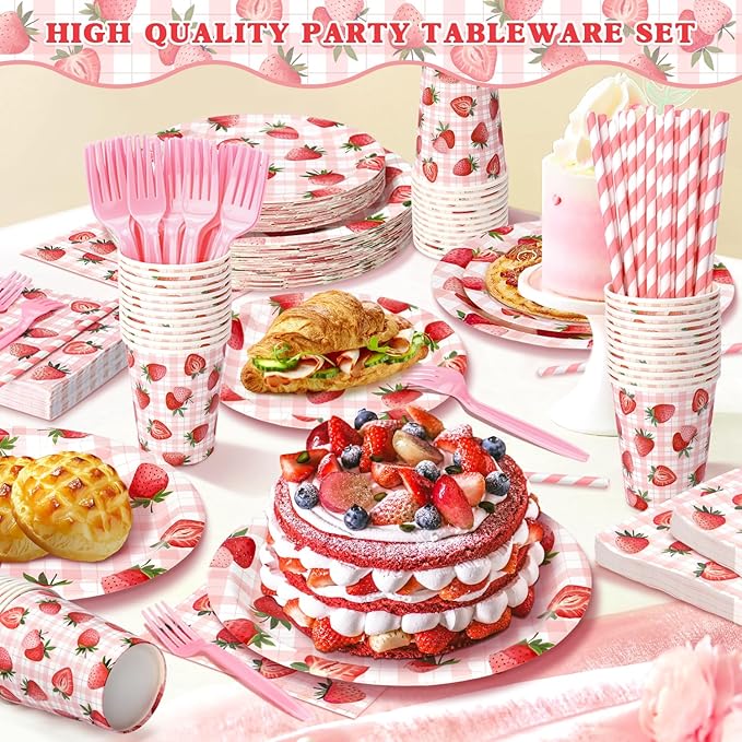 300 Pcs Berry First Birthday Decor, Strawberry Decorations For Party, Strawberry Shortcake Birthday Decorations, Plates and Napkins Serves 50 Guests