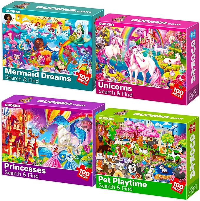 QUOKKA 100 Piece Puzzles for Kids Ages 4-6 – 4 Jigsaw Puzzles for Kids Ages 6-8 – Search and Find Unicorn Princess Mermaid Toys for Children 8-10 yo – Educational Game Gift for Boys & Girls