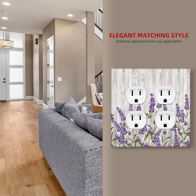 Purple Lavender Rustic Wooden Flowers Floral Plant Outlet Covers 2 Gang Double Duplex Decorative Light Switch Covers Electrical Wallplates Socket Faceplate for Farmhouse Living Room Decor