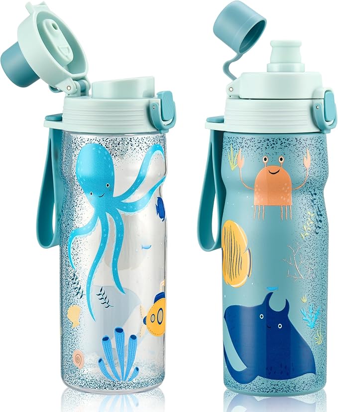 PIQUEBAR Kids insulated Water Bottle 17oz & Sport Water Bottle 24oz Set, Stainless Steel Metal Vacuum Water Bottles, Leakproof Tritan Sport Water Bottles for School Boys Girls,Blue Sea