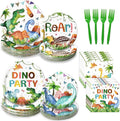 96 Pcs Dinosaur Plates and Napkins Tableware Set (Serves 24), Dinosaur Birthday Party Supplies Include Plates Napkins Plastic Forks for Kids Party Decorations