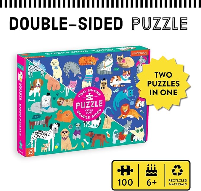 Mudpuppy Cats and Dogs Double-Sided Puzzle, 100 Pieces, 22”x16.5” – Perfect Family Puzzle for Ages 6+ - Colorful Illustrations of Dogs on One Side and Cats on the Other – Two Fun Puzzles in One Box