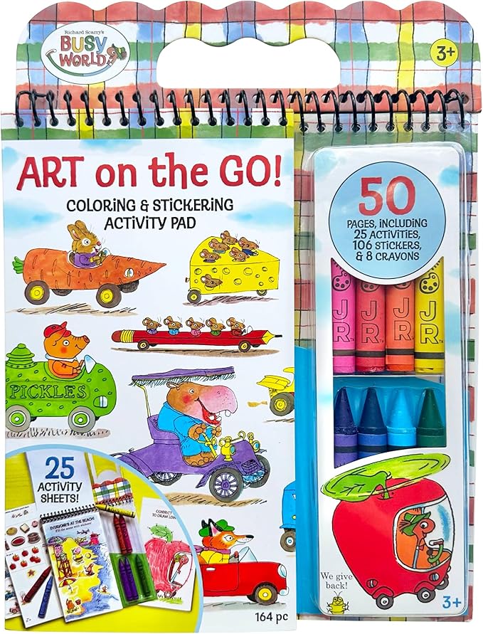 Bright Stripes Richard Scary Busy World Art on the Go Travel Coloring Kit for Kids Ages 3+ | Coloring & Sticker Activity Set with Crayons | Screen-Free Creative Fun for Toddlers & Young Children
