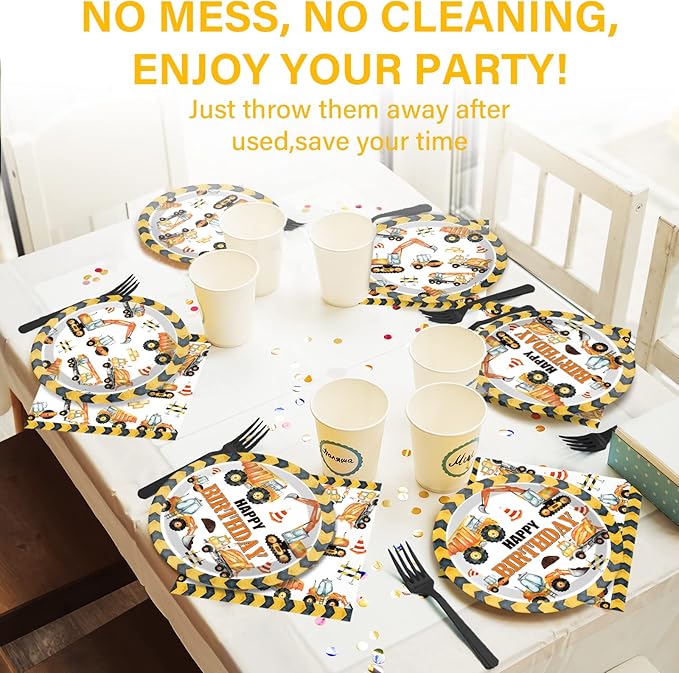 100 Pcs Construction Birthday Party Plates and Napkins Set Dump Truck Birthday Party Decorations Supplies Construction Tableware Construction Themed Party Favors for Boys Birthday Serves 25