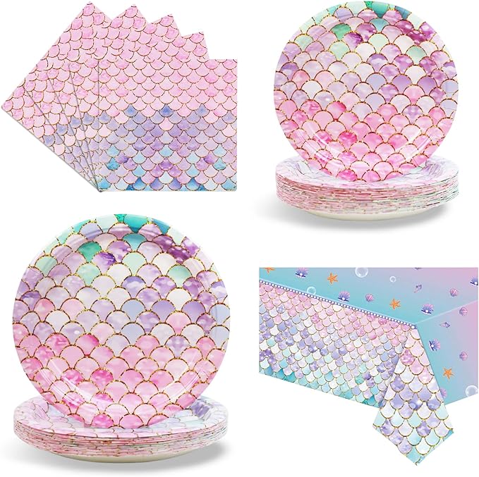 Mermaid Birthday Party Supplies-Mermaid theme Birthday Decorations,Ocean Party Supplies Disposable Dinnerware for Girls Baby Shower Serves 25 Guests with Paper Plates,Napkins,Tablecloth