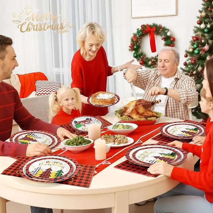 72PCS Christmas Plates and Napkins for Party Decorations, Set of 24 Merry Christmas Disposable Tableware Supplies, Gnome Red Plaid Paper Plates for Xmas Party