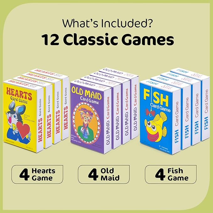 Kids Card Games Bulk – 12 Pack Classic Card Games for Kids Ages 4-9, Multi Pack Set Includes: Hearts, Go Fish, & Old Maid Playing Cards for Family Game Night, Party Favors & Classroom Prizes