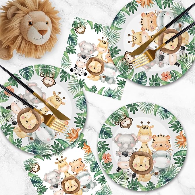 40 Pcs Jungle Animals Party Decorations - Safari Animal Plates and Napkins, Wild Animals Paper Plates Napkins Disposable Tableware Set for Baby Shower Zoo Birthday Party Supplies Favors, Serves 20