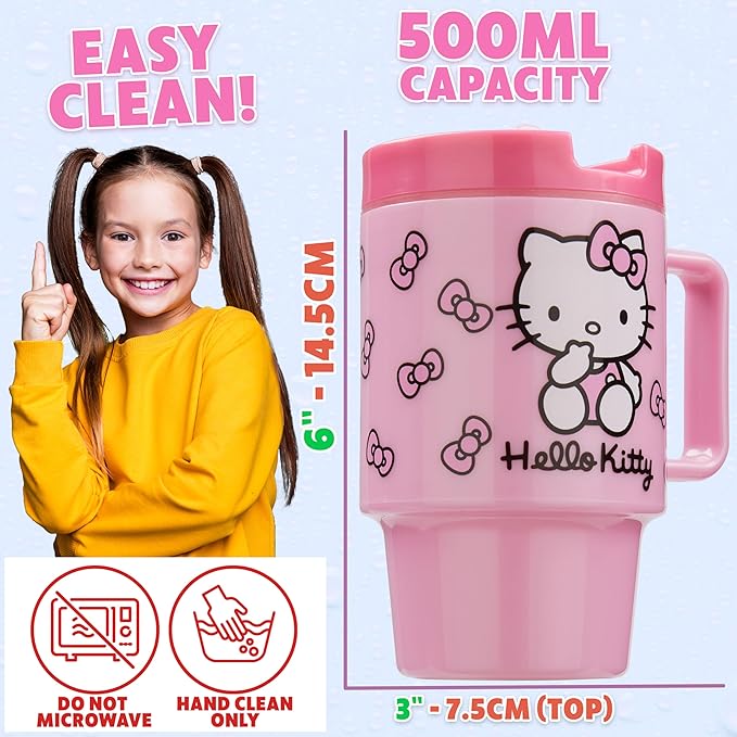 Get Trend Hello Kitty Sanrio Kids Water Bottle with Straw 16.9 oz BPA Free Leakproof Plastic Cup with Lid Handle Kawaii Tumbler Gifts for Kids (Pink Hello Kitty)
