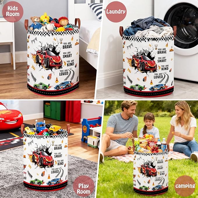 Race Car Room Decor Laundry Basket,Waterproof Car Themed Storage Bins for Boys,Collapsible Kids Nursery Hamper with Race Car Parking Sign(Round)