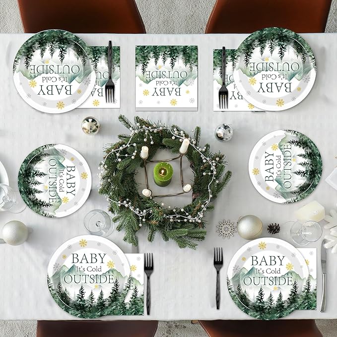 96Pcs Baby It's Cold Outside Plates and Napkins for Winter Baby Shower Party Supplies Forest Wonderland Dessert Disposable Plates Snowflake Tableware Set for 24 Guests Birthday Party Decorations