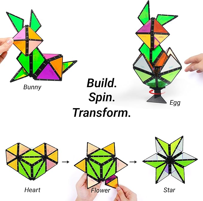 TOSY Magnet Pyramid Glow - 1 Cube Transforms into 1 Billion Shapes (Bunny, Egg, Flowers, Hearts), Easter Basket Stuffers Gift, 12 pcs, 243 Magnets, Glowing, Holographic Design, Puzzle/STEM Toy