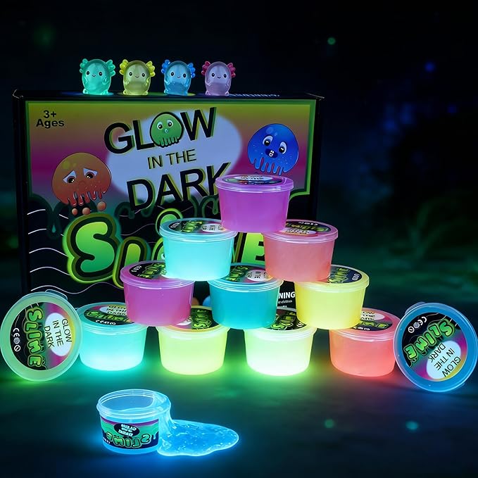 12 Pack Glow in the Dark Slime Kit with Axolotl Charms, Non-Toxic Mess Free Smooth Sludge Toy, Party Favors for Kids, Stress Relief, Slime Bulk for Boys Girl, Easter Stocking Stuffers