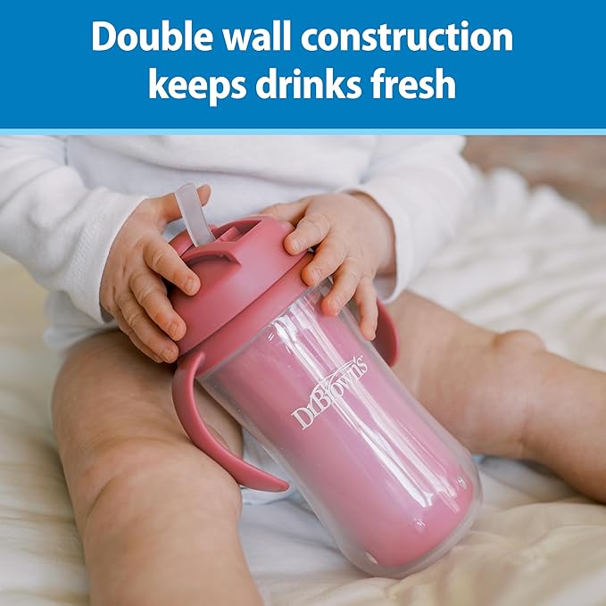 Dr. Brown's Milestones Insulated Sippy Cup with Straw and Handles, Spill-Proof Tumbler with Lid, Pink/Coral, 10 oz/300 mL, BPA-Free, 12m+, 2-Pack