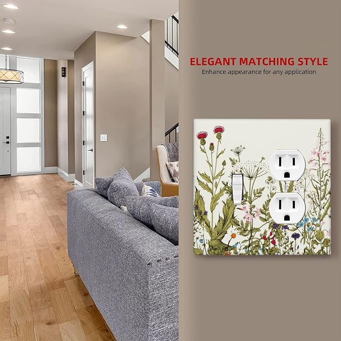 Country Spring Wildflower Floral 2 Gang Combo Device 1-Toggle 1-Duplex Outlet Light Switch Cover Colorful Vintage Flowers Blossom Nature Combination Single Toggle/Receptacle Outlet Wall Plate Covers