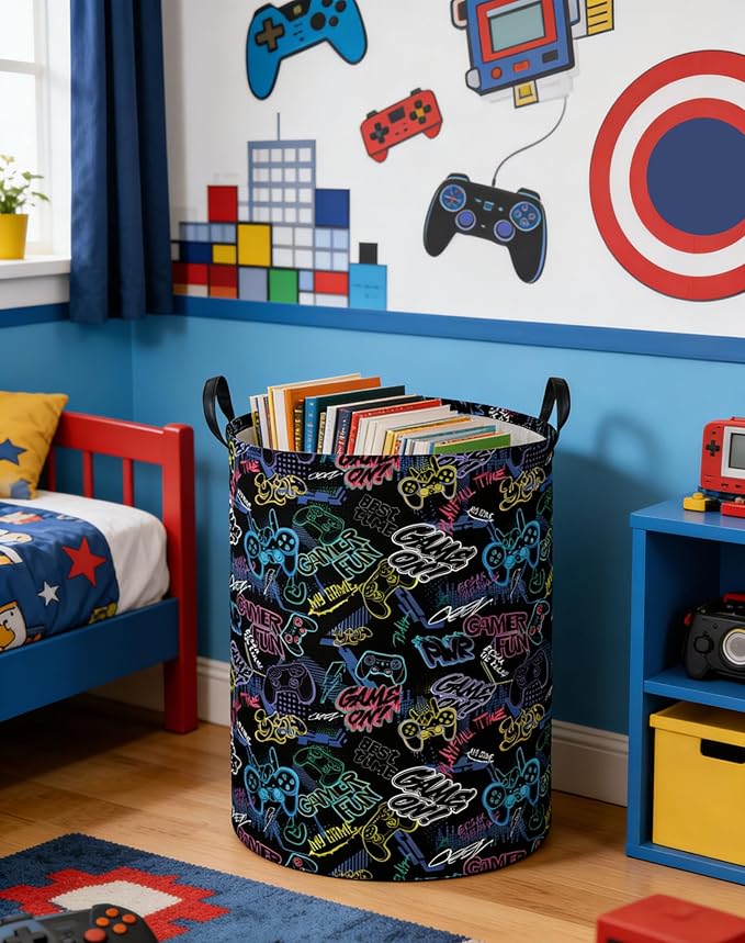 Kids Laundry Basket Boys Laundry Hamper Kids Collapsible Canvas Waterproof Storage Bin for Boys Baby Nursery Hamper Gift Baskets for Bedroom(Cool games)