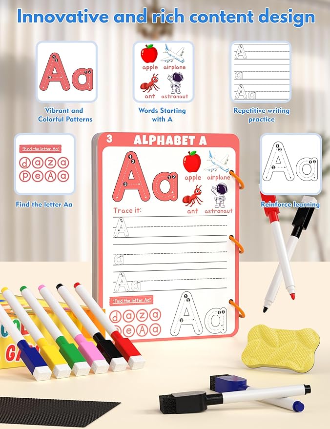 Preschool Learning Activities Educational Workbook, 62 Reusable Pages Pre Kindergarten Workbooks, Number Letter Tracing Books for Kids, Autism Learning Materials, ABC Busy Book for Kids Ages 3-7