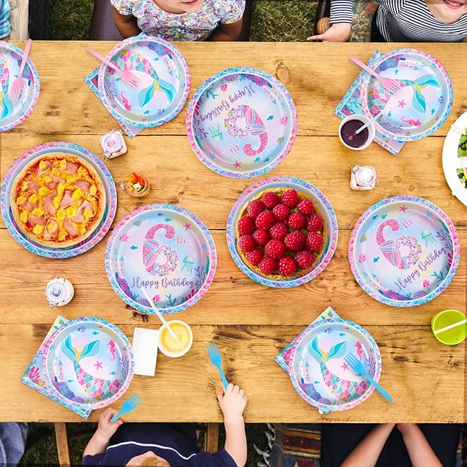 96Pcs Mermaid 6th Birthday Party Decorations for Girls Little Mermaid Plates and Napkins Tableware Sets Under the Sea Theme Decorations for Baby Shower 6 Years old Party Supplies Serves 24