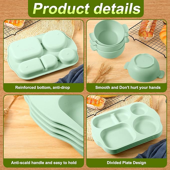 24 Pcs Wheat Straw Dinnerware Cutlery Set for Aldult Including Divided Plates Microwave Dishwasher Safe Bowl Unbreakable Tableware Straw Cutlery Spoon Knife Fork(Green)