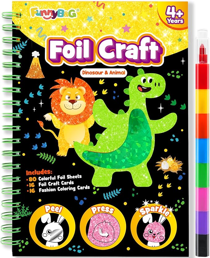FUNNYB&G Foil Art Crafts for Kids Ages 4-8: Mother's Day 2026, Birthday Gift for Kids, Art and Crafts Supplies, Party Favors, Creative Toys for Kids 4 5 6 7 8 9 Years Old(Dinosaur Ainmal)