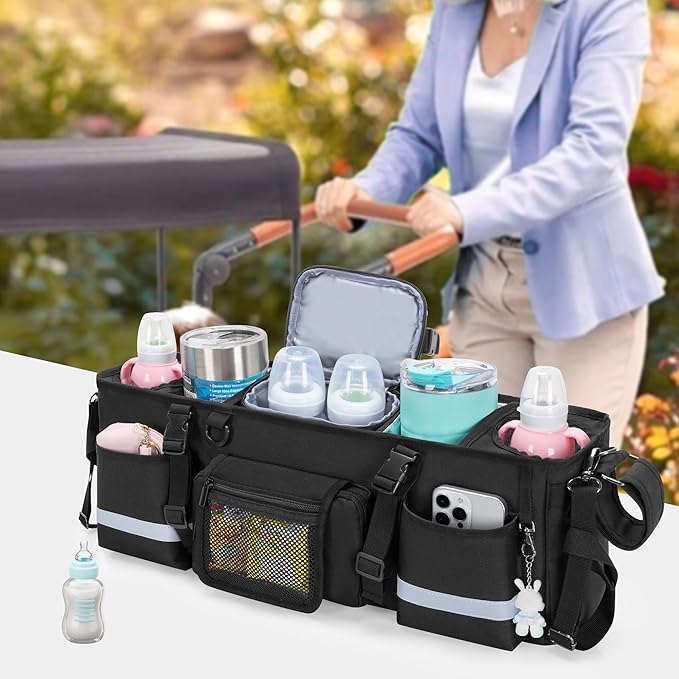 GRAOSO Parent Console Stroller Organizer Compatible with WONDERFOLD W4, with Four Insulated Cup Holders, a Removable Cooler Bag, Special Board Design Make It Not Easy Collapse and Tilting, Black