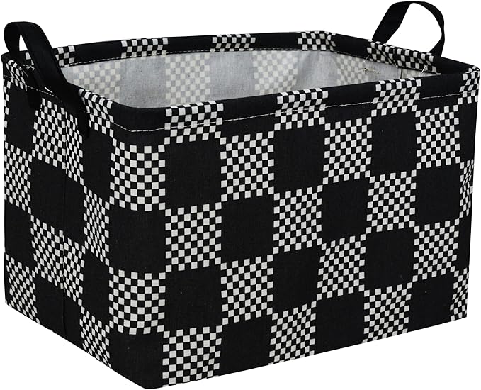 Essme Rectangular Boys Basket,Kids Storage Basket with Handles for Room Decor,Car Storage Bin（Black grid）