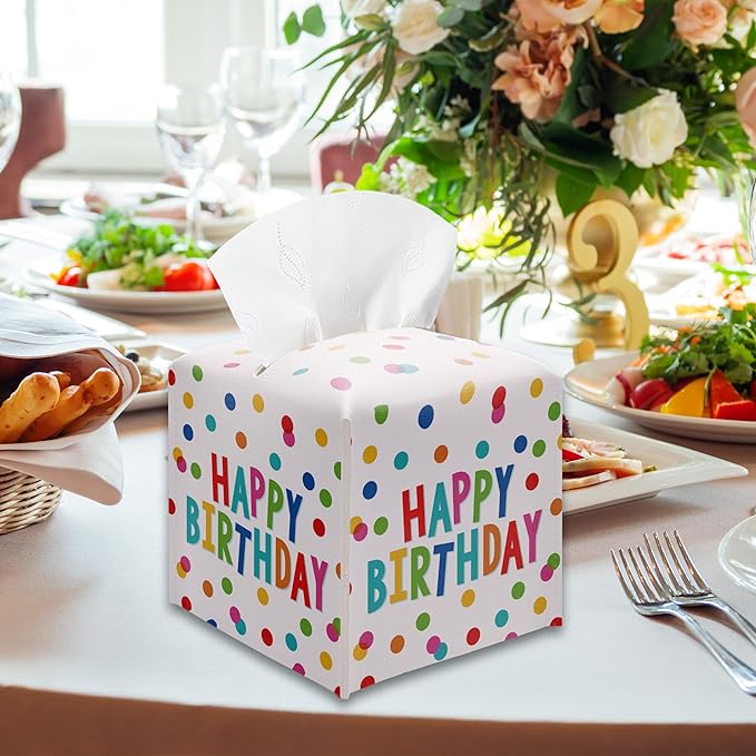 Leather Tissue Box Cover Holder, Watercolor Polka Dots Tissue Box Cover Square with Belt Bottom, Birthday Gifts Idea, Birthday Party Bathroom, Home Office Car Decorations