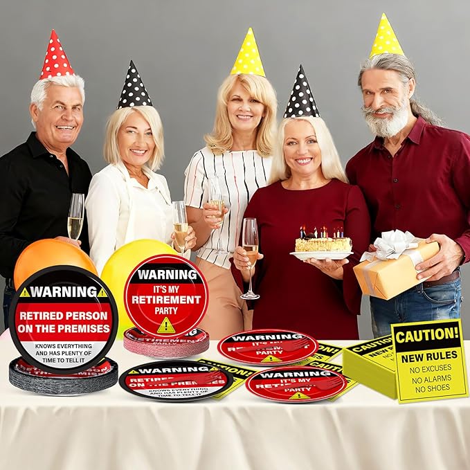 Qyeahkj 100 Pcs Funny Happy Retirement Party Supplies Caution Retirement Paper Plates and Napkins Set Disposable Warning Sign Tableware Decorations for Men Women Farewell Going Away Party Serves 25