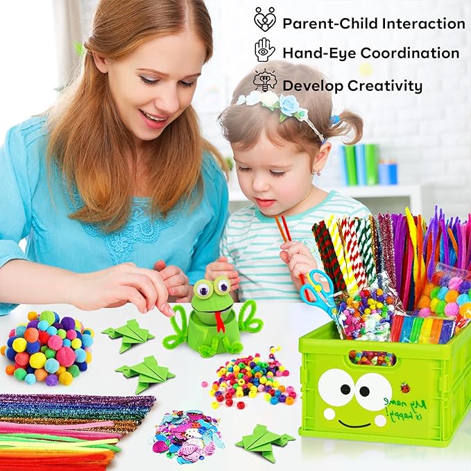 FUNZBO Arts and Crafts Supplies for Kids - Toddler Craft Kits with Glue Stick Pipe Cleaners, Popsicle Stickers, Construction Paper, Pom Poms & Googly Eyes, Birthday Gifts for Girls & Boys Age 4+