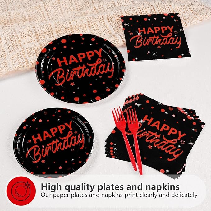 Grencian 96Pcs Red and Black Birthday Party Decorations Red Polka Dots on Black Paper Plates and Napkins Disposable Dessert Tableware for Men Women Birthday Party Graduation Decorations 2026 Serves 24
