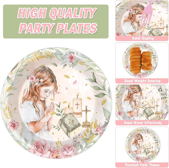 96Pcs First Communion Plates and Napkins for Baptism God Bless Party Supplies Pink Mi Primera Comunion Paper Dessert Plates Tableware Set for Girl 24 Guests Baby Birthday Christening Party Decorations