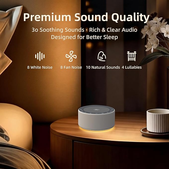 Kipcush White Noise Machine with Night Light – Nursery Sound Machine with Soft Non-Glare Lamp, 30 Soothing Sounds, 8 Color Lights, Up to 8-Hour Timer for Baby & Adults