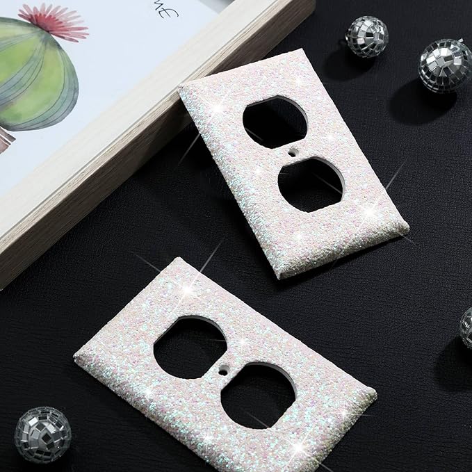 Yexiya 4 Pcs Pink Glitter Light Switch Covers Preppy Room Decor, Cute Pink Bling Outlet Wall Plate Covers for Nursery Women Teens Princess Theme Room Decor(White)