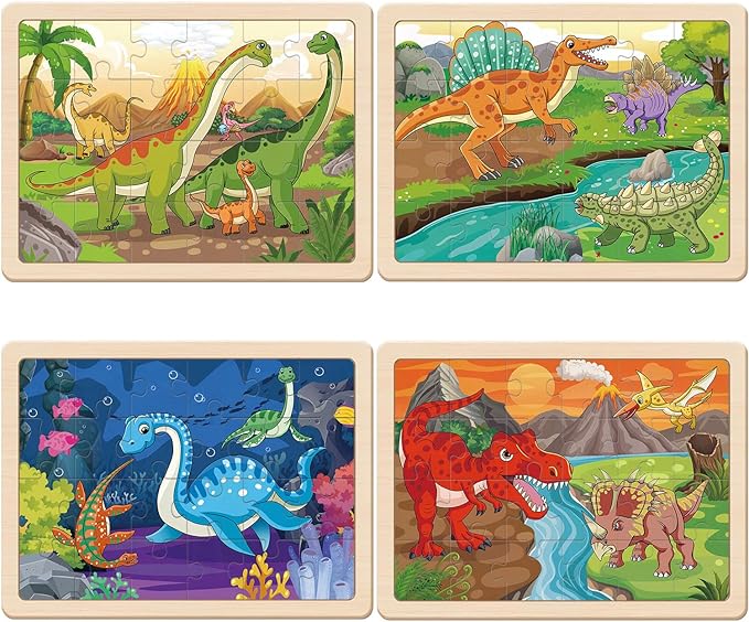 Puzzles for Kids Ages 4-6, Dinosaur Wooden Puzzles, 4 Packs 24 Pieces Puzzles for Kids Ages 3-5, Preschool Educational Toys Gifts for Boys and Girls