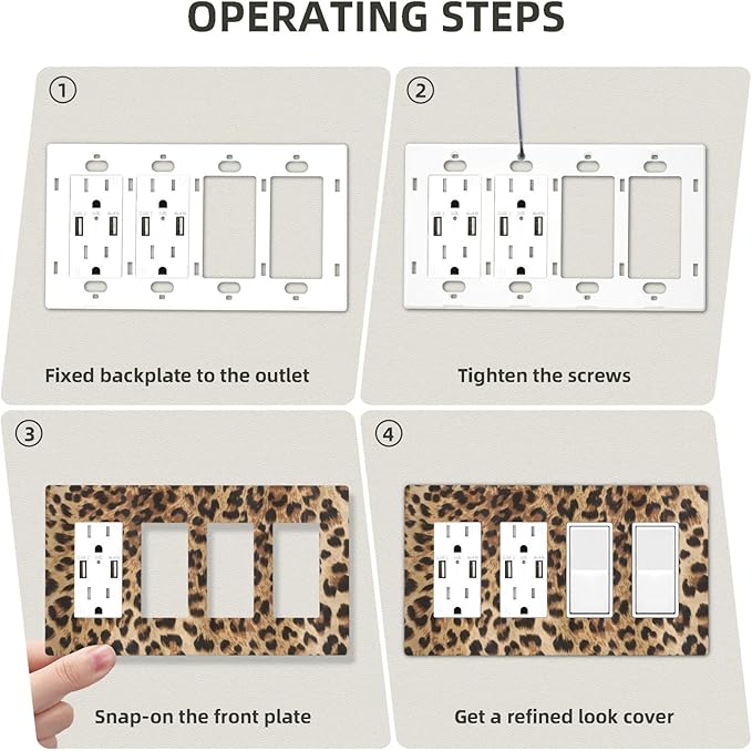 Classic Leopard Cheetah 4 Gang Quad Rocker/Decor Light Switch Cover Plate Decorative Electrical Faceplate For Girls Boys Home Bedroom Decorate Large Size 8.3" x 4.6