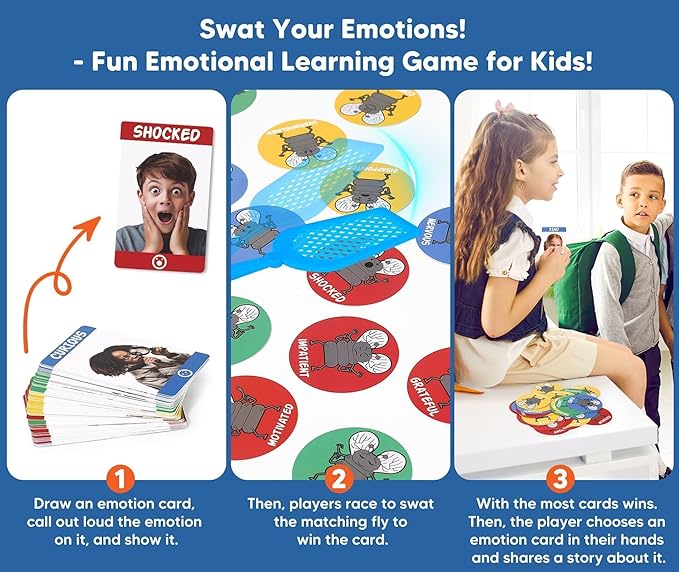 Garybank Emotions Swat Games for Kids Social Emotional Learning Activities, W/56 Emotion Cards, Speech Therapy Materials for Autism, Play Therapy Toys for Counselors, Sight Word Game