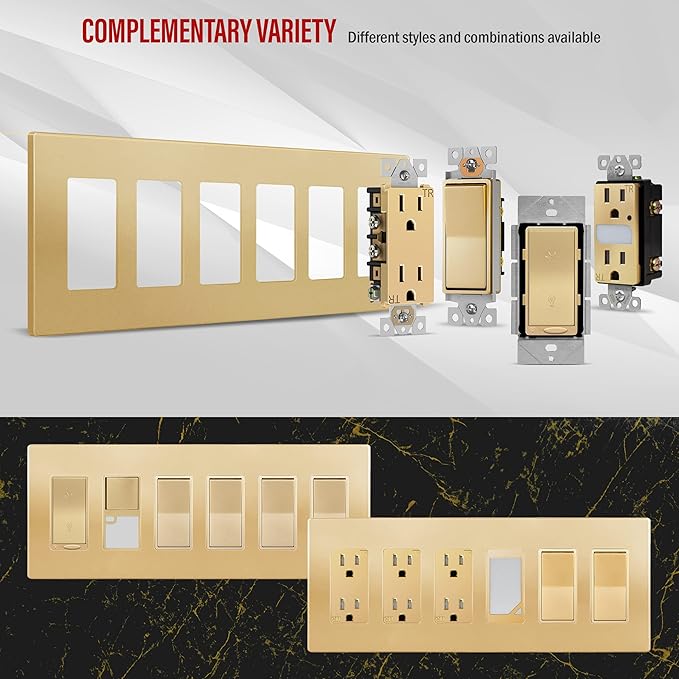 ENERLITES Elite Series Screwless Decorator Wall Plate Child Safe Outlet Cover, Gloss Finish, Size 6-Gang 4.68" H x 12.00" L, Unbreakable Polycarbonate Thermoplastic, SI8836-GD, Gold