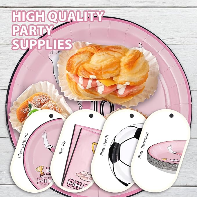 96Pcs Pink Soccer Birthday Party Supplies Pink Soccer Star Plates and Napkins Football Champion Themed Tableware Set for Sports Fans Football Theme Birthday Party Supplies，Serves 24