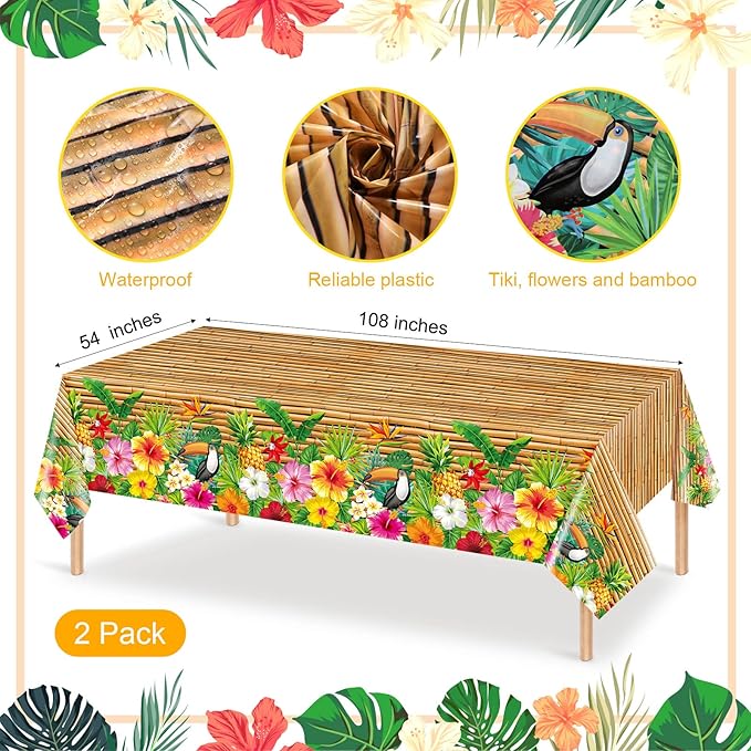 Frienda 130 Pcs Tiki Party Supplies Sets Hawaiian Party Decor Luau Plates and Napkins Party Supplies Tiki Tablecloth Aloha Tropical Plastic Cup Straw Knife Fork for Hawaii Summer Party, Serves 16