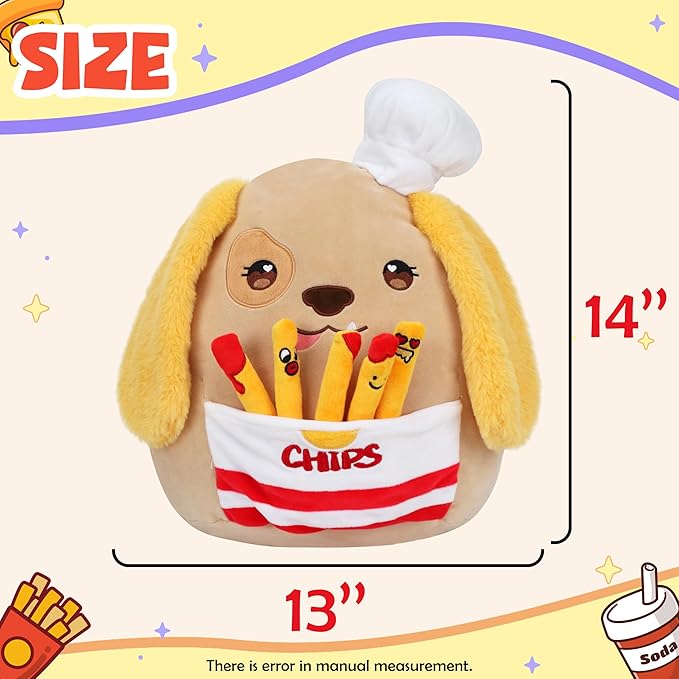 Hopearl Cute Chef Dog Plush Toy with Chips, Adorable Pillow Stuffed Animal, Smooth Plushies Pillow Gift, Soft Toy for Kids