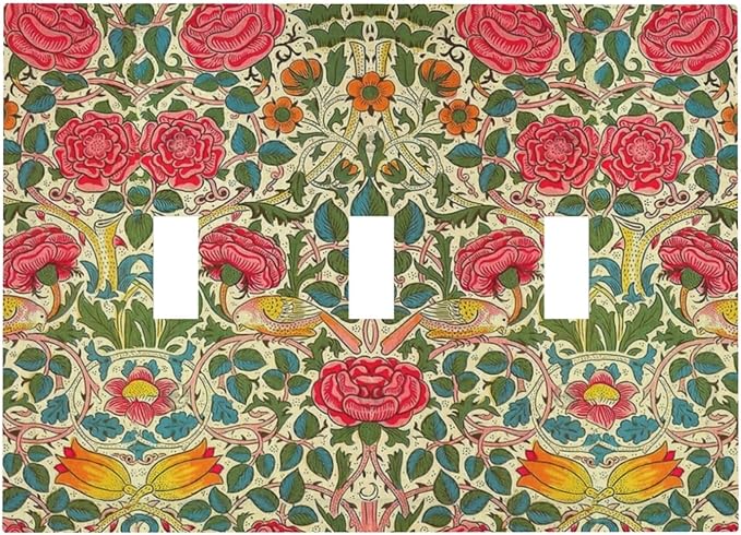William Morris Roses Floral 3 Gang Light Switch Cover VintageTulip Flower Plant Bird Triple Toggle Wall Plate Decorative Electrical Switchplates for Country Bedroom Living Room Decor
